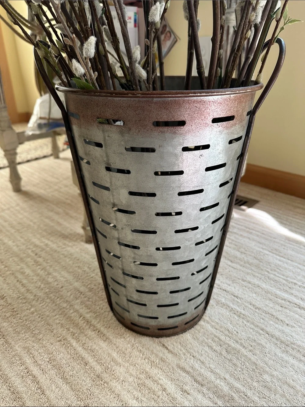 Olive Bucket Basket Vintage Galvanized Metal Vase Decor Farmhouse Country